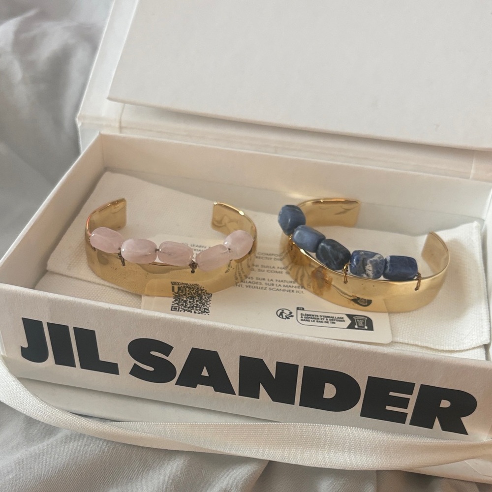 Jil Sander Gold Bracelets with Pink and Blue Stones in box with dust bag